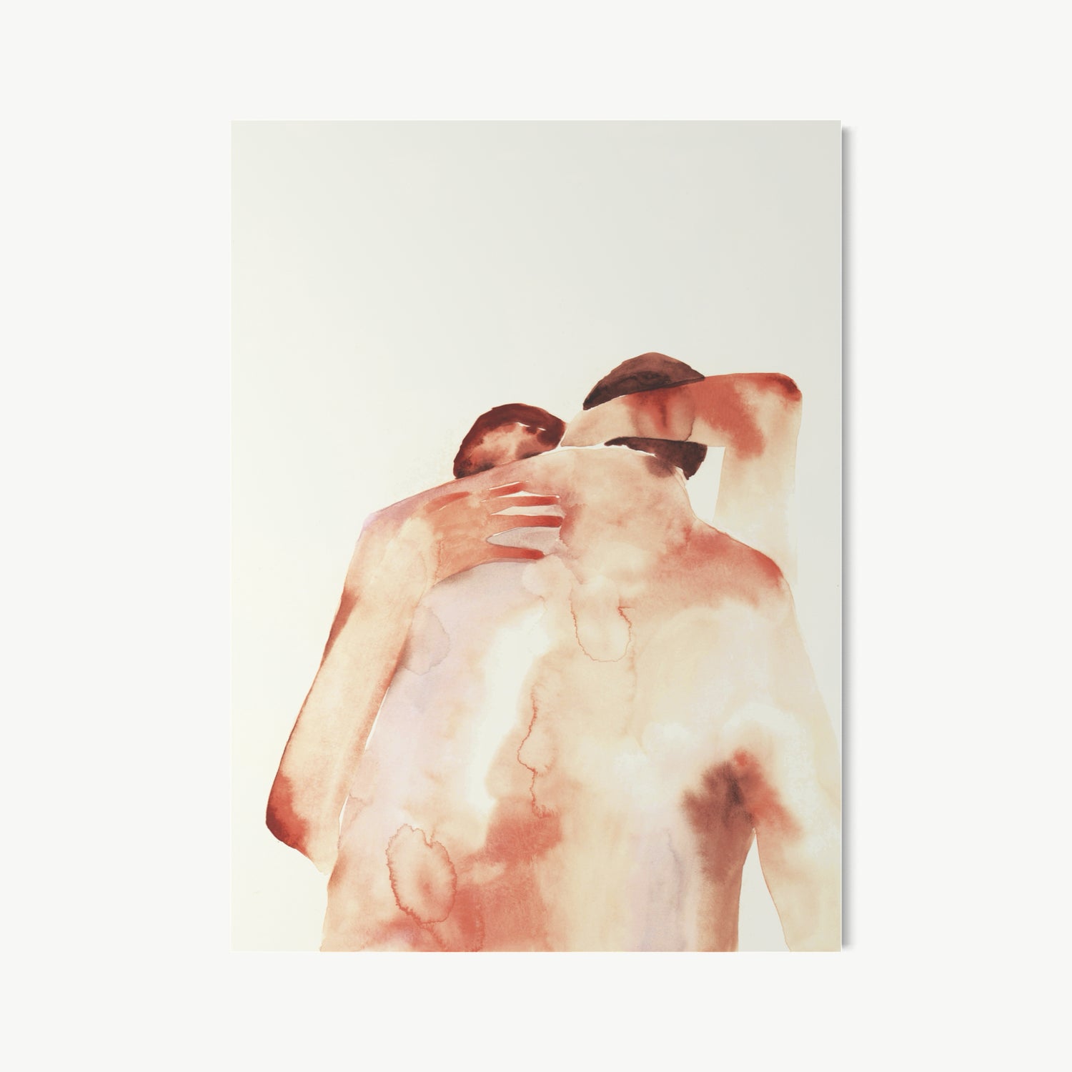 Hug I – watercolor by Cuddemi with embrace rendered in spare warm tones, no faces, no setting, two figures becoming briefly one as watercolor softens edges into pure feeling rather than sharp detail