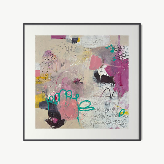 Happy Hour – densely worked mixed media painting by Corcelle in lavender, pink, olive, and deep purple with handwritten text and festive overlapping gestural marks