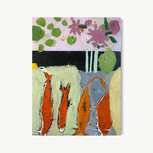 Bittersweet – mixed media painting by Corcelle with fish, fruit, flowers, and basket still life in sage green, burnt orange, and soft pink with visible collage and scraped surface