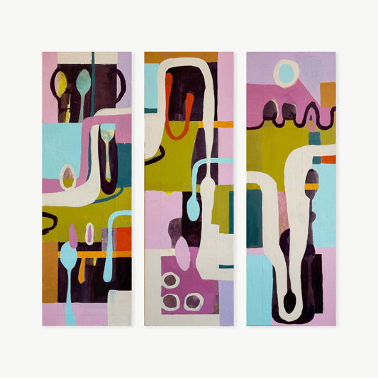 Dance of Spoons – mixed media painting by Corcelle in lilac, olive, and sky blue with elongated forms suggesting kitchen objects in playful motion