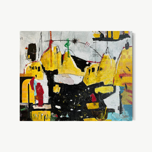 SAFRAN – mixed media painting by Corcelle in vivid saffron yellow and deep black with bold architectural cityscape-like forms evoking global travel