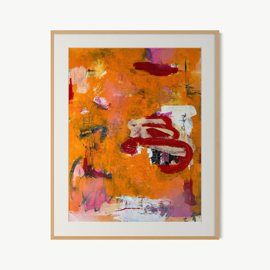 Orquevaux Orange Whispers – mixed media painting by Corcelle in glowing burnt orange and terra cotta layered with crimson, white, and dusty rose from Château d’Orquevaux residency