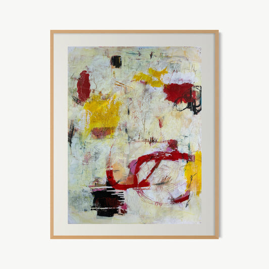 Orquevaux White Whispers 1 – mixed media painting by Corcelle with luminous pale ground carrying yellow, deep crimson, and near-black through de-collage technique from Château d’Orquevaux residency
