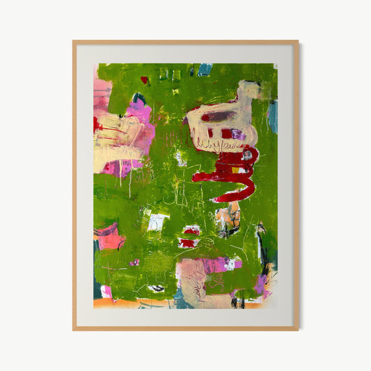 Orquevaux Mossy Whispers – mixed media painting by Corcelle in deep forest green layered with pink, crimson, and cream with geological scraped texture from Château d’Orquevaux residency