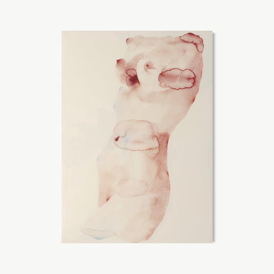 Figure I – watercolor by Cuddemi with torso rendered in blush and dusty rose pooling and diffusing into white paper so body emerges from surface rather than being placed on it, biomedical-engineer-turned-artist precision in apparent looseness