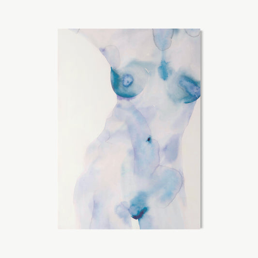 Figure II – watercolor by Cuddemi with torso rendered in cool pale blue, slate, and soft violet, pigment pooling at joints and hollows defining form through shadow rather than line, companion piece to warm rose Figure I