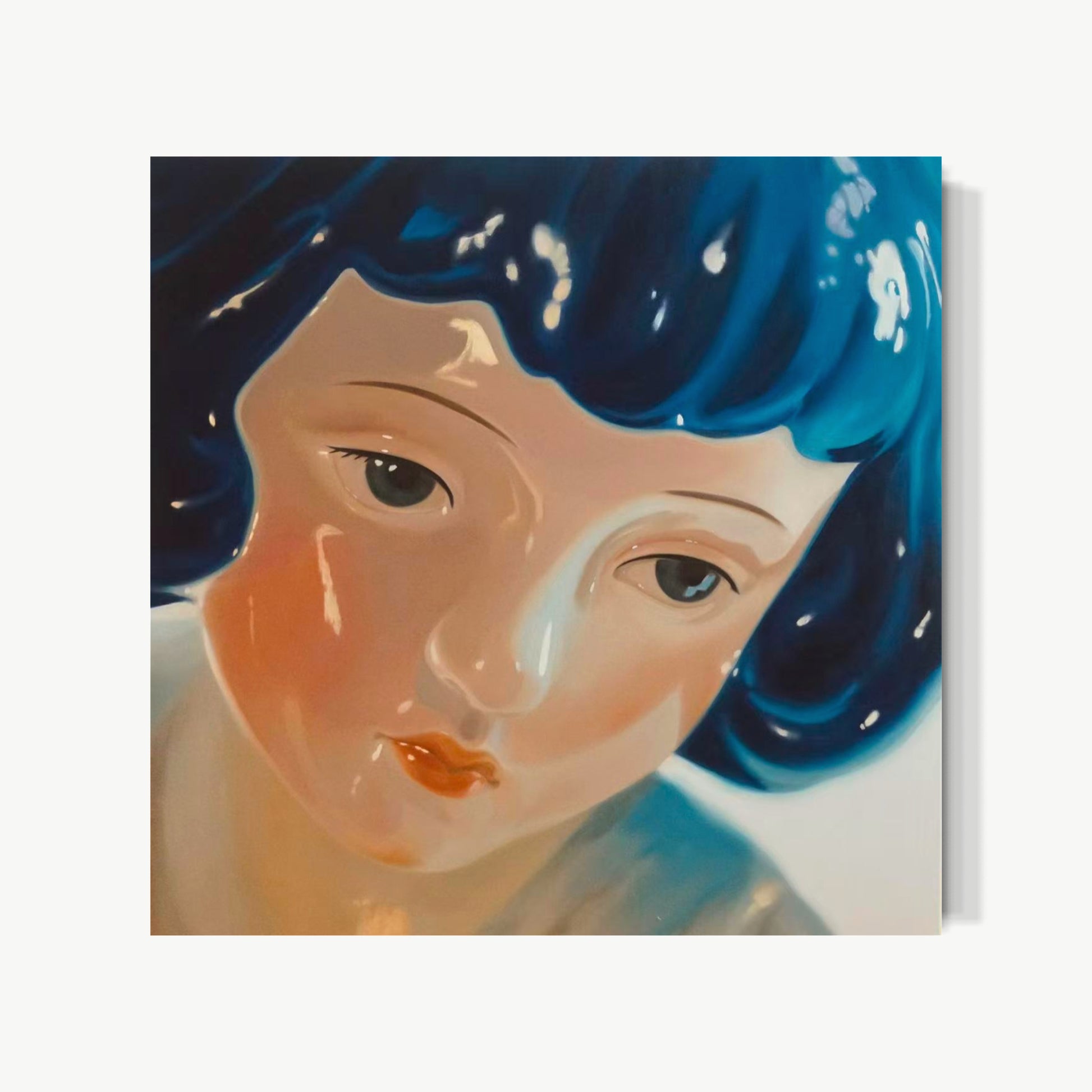 Baby Blue – oil portrait by Zhong with deep cobalt hair vibrating against cool pale porcelain skin, single visible eye carrying tender melancholic weight, composition cropped at chin suggesting incomplete mid-thought intimacy
