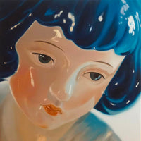 Baby Blue by Zhong – detail of deep cobalt hair against cool pale porcelain-glow skin with single tender melancholic eye