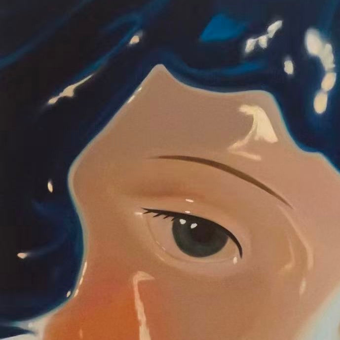 Baby Blue by Zhong – full canvas of cropped cobalt-hair portrait with porcelain luminosity rising from beneath the surface