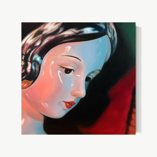 Starlight in Hot Cocoa – oil portrait by Zhong with face in three-quarter profile turning from light, porcelain skin glowing through delicate warm-beneath-cool glazing, intimate private moment unfolding just beyond reach in surrounding darkness