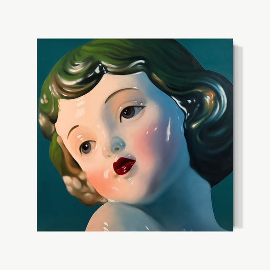 Lost in Daydream – oil portrait by Zhong with figure lifting gaze against teal ground, lips slightly parted mid-thought, sculptural green hair framing luminous porcelain face in smooth warm blush and cool glazing