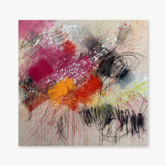 Go for It by Beth Shields — 44x44 inch abstract painting with sweeping charcoal loops on raw linen canvas