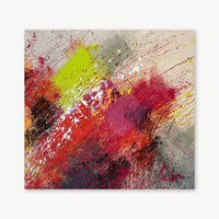 Alive by Beth Shields — 40x40 inch abstract painting in deep reds, magenta and acid yellow on raw canvas