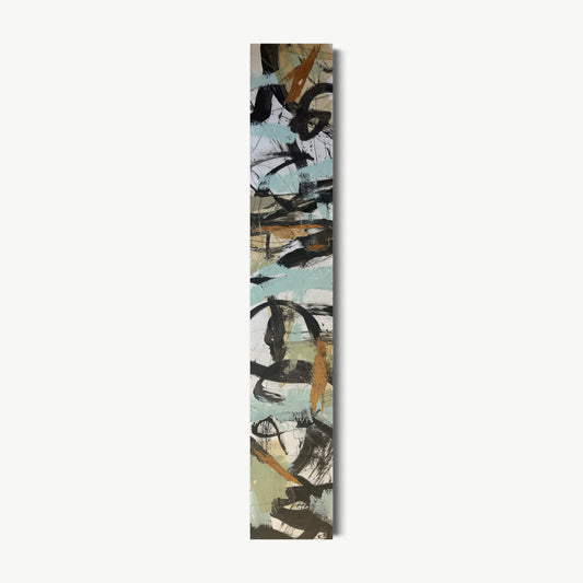 Whispers of the Forest 4 – tall narrow mixed media painting by Corcelle with heavy black marks over warm ochre and tan ground evoking bark and shadow