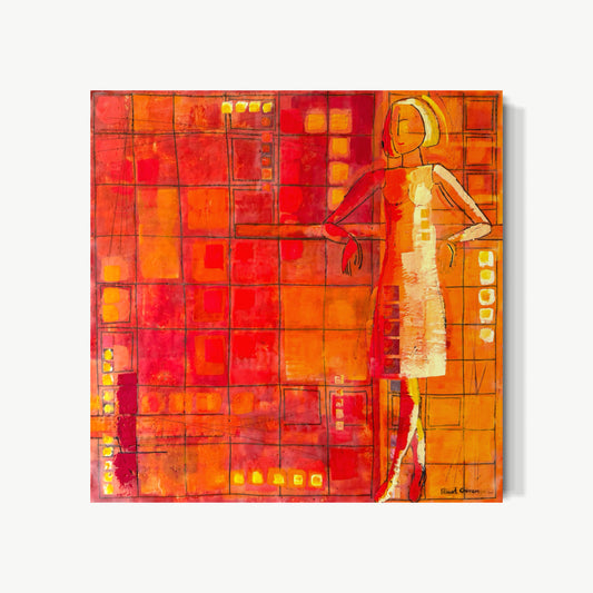 Waiting – encaustic painting by Goren with female figure in warm gold standing against deep red and orange grid, posture slightly turned in contemplative readiness, luminous silky beeswax surface fused with heat