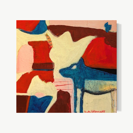Canine Triptych I – painting by Lesley with blue dog stretching confidently across canvas in simplified character-full form surrounded by bold reds, soft pinks, and warm cream tones, natural rhythm keeping eye moving with dog as emotional anchor