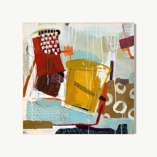 Playful Water Dreams 2 – mixed media painting by Corcelle with bold geometric forms in red, yellow, teal, and brown on cool blue-grey ground with handwritten passages