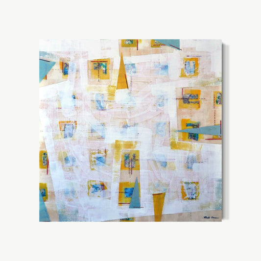 Torn Apart – encaustic painting by Goren with pale rectangular and square forms in soft gold, teal, and cream layered over luminous near-white ground, collage paper fragments visible beneath beeswax giving archaeological quality