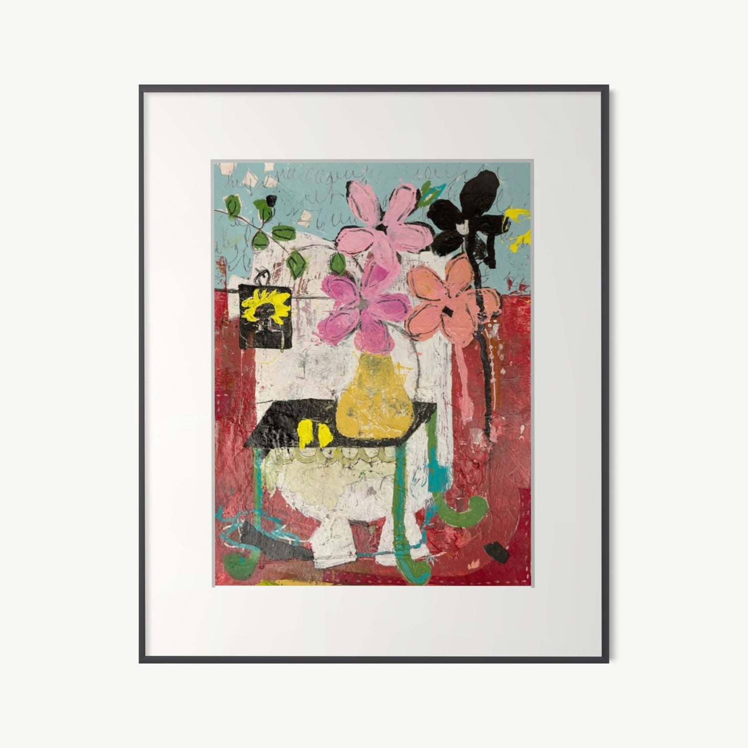 The Enigma of Ebony Blooms – mixed media painting by Corcelle with pink flowers in a yellow vase against a mysterious red and black ground