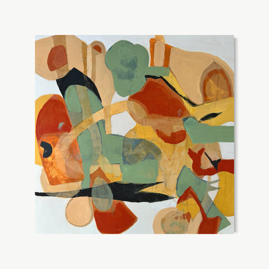 Rowboat – large abstract painting by Cox in warm terracotta, sage, and sandy beige with forms suggesting stillness and leisure