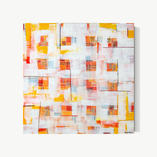 Invitation – encaustic painting by Goren with warm densely packed grid of amber, orange, red, and pink rectangular forms crowding surface with genuinely social energy like a room full of people all talking at once
