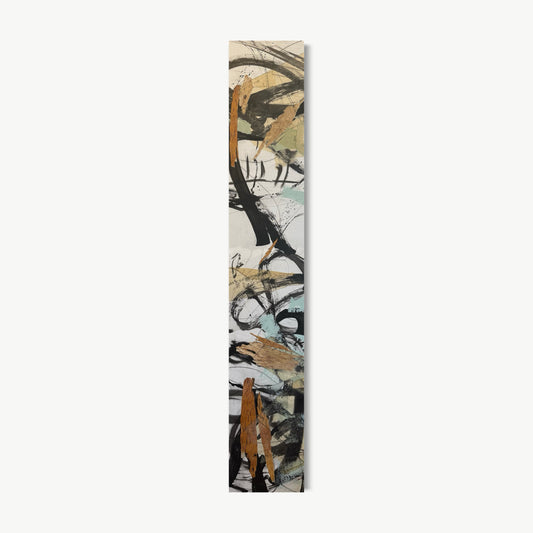 Whispers of the Forest 6 – tall narrow mixed media painting by Corcelle with warm brown and amber marks on cream-tinted ground evoking late afternoon forest light