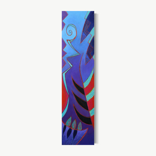 Meditaciones – tall narrow painting by Ruiz in deep midnight blue and violet with swirling marks and spiral suggesting water seen from within, slow and circular in the narrow format that eliminates distraction