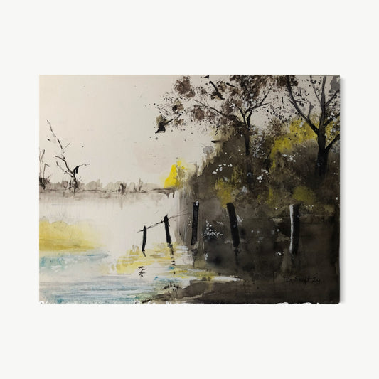 Hidden Place – watercolor painting by Batia of secluded woodland corner with dark trees reflecting in still shallow water among reeds and fence posts, acid yellow-green foliage catching light, wet-on-wet dark tones bleeding into reflection