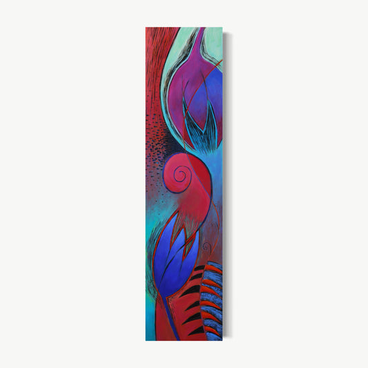 Dualidad – painting by Ruiz with teal and blue spiral anchoring composition holding cool and warm, organic and geometric, stillness and motion in productive tension on a rich worn printmaking ground