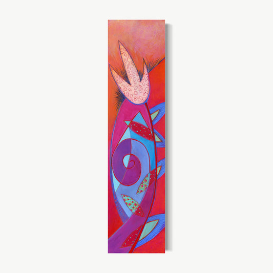 Pensamientos – tall narrow painting by Ruiz with spiral and white bird-like flower rising through layers of red, purple, and blue, thoughts in upward flight on a printmaking-grounded surface
