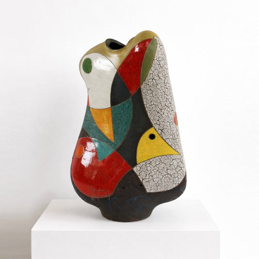 Future Changes Vessel – studio raku ceramic by Gustavson with tilting curved form in bold red, teal, black, and cream glaze sections with fine crackle texture