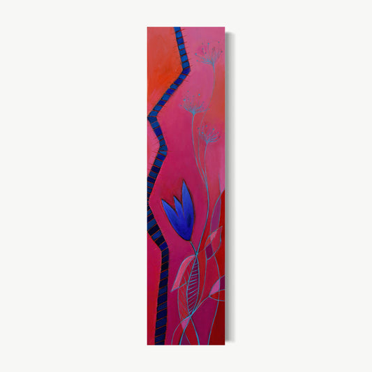 Caluroso – tall narrow painting by Ruiz in deep red with blue tulip forms and dark zigzag lines suggesting heat moving through a gouged, scratched, and layered printmaking surface