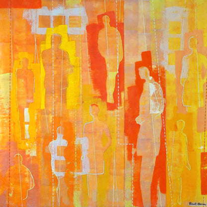 All In This Together II by Goren – detail of figures emerging and dissolving into warm amber ground in layered encaustic beeswax surface