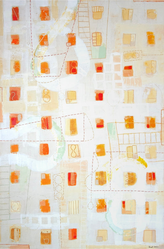 Windows of Opportunity by Goren – detail of pale cream and warm amber rectangles arranged in grid on near-white encaustic ground