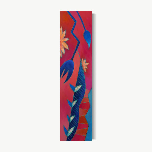 Esperanza – tall painting by Ruiz in warm red with flowers, birds, and blue forms pushing upward, hope made visible through printmaking ground and layered color