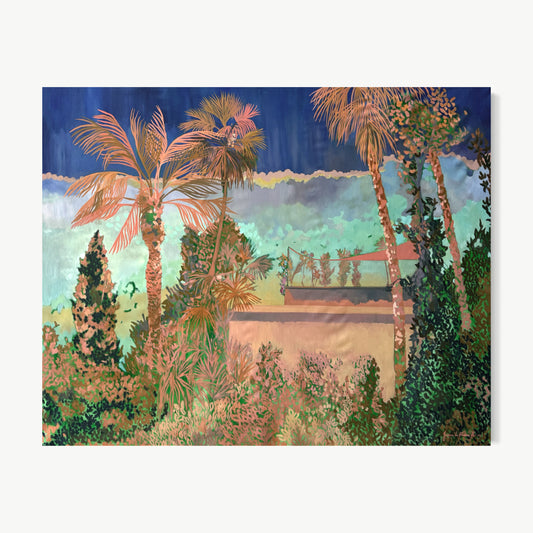 Marrakesh I – oil painting by Javiera da Fonseca Ilić with copper and salmon palms rising into a storm-gold sky above deep green and dusty rose garden
