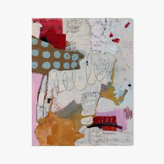 Echoes of Scarlet Reverie – small densely worked mixed media painting by Corcelle with scarlet and gold passages over archaeological layers of collage, pencil writing, and drawn marks