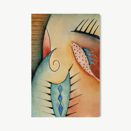 Espacios – small drawing or print by Ruiz in warm sandy tones with organic forms including a spiral, leaf-like shape, and figure suggestion, honoring negative space with the same attention as mark