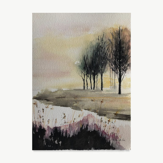 A Frosty Morning – watercolor painting by Batia with bare winter trees in silhouette against pale luminous sky over frost-covered field with muted pink and lavender foreground grasses in hushed pre-dawn quiet