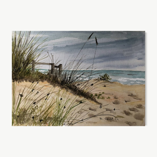 North Sea Dunes – watercolor painting by Batia with sandy dune path toward grey-blue sea under heavy overcast sky, marram grass bending in wind, wooden fence post, spare northern European coastal atmosphere