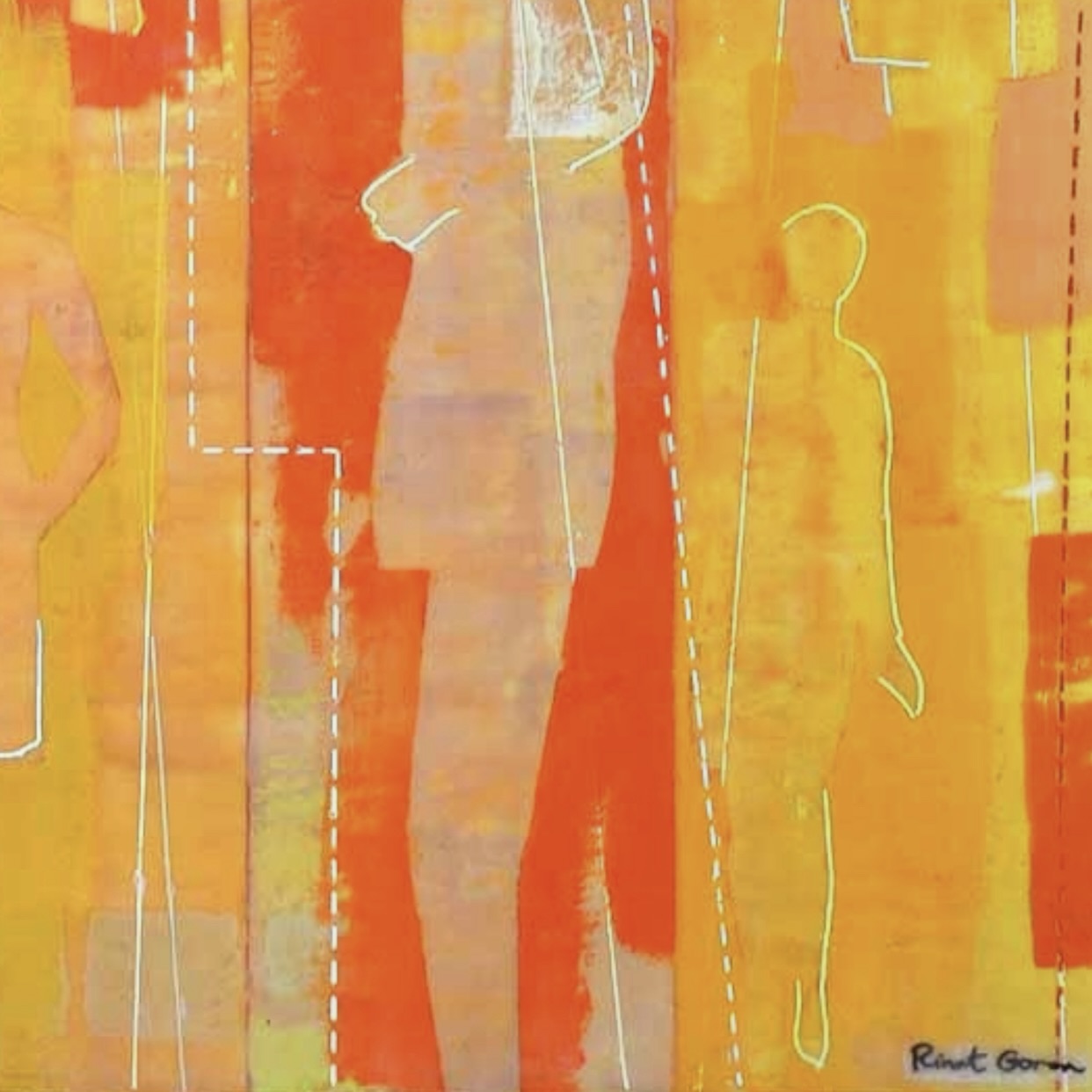 All In This Together II by Goren – full canvas of individual and collective figure painting in warm amber and orange