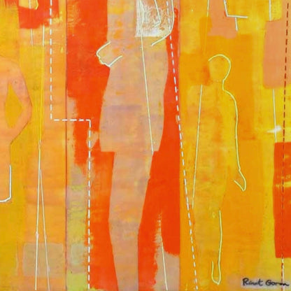 All In This Together II by Goren – full canvas of individual and collective figure painting in warm amber and orange