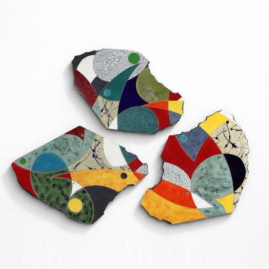 Listen Softly Triptych – three-slab ceramic wall piece by Gustavson in bold teal, red, burgundy, yellow, and cream with studio raku depth from nearly five decades of glaze refinement