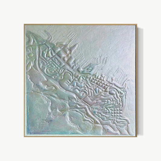 Come Sail Away – topographic map artwork by Miriam with city streets in thick raised acrylic relief applied with custom tool from real Google Maps data, fluid and meditative