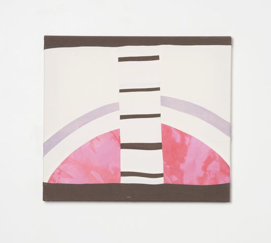 ECLIPSE IV – hand-dyed textile artwork by Panda Landa with soft arc of lavender and rose from calm neutral field, vertical band introducing structure and tension, composition suggesting alignment or passage in desert-light palette
