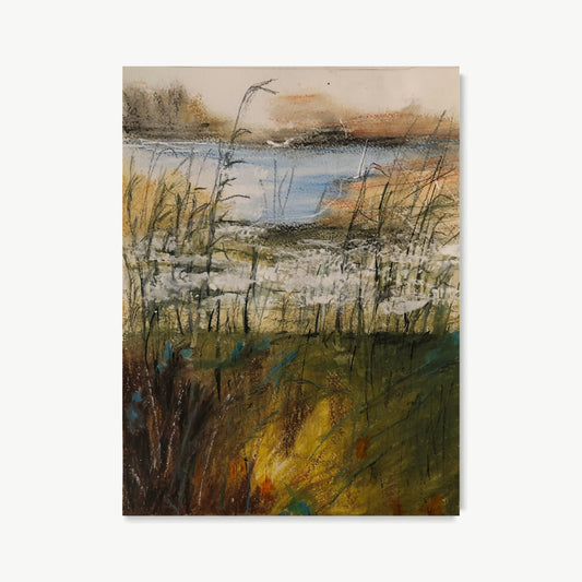 Where Are the Ducks – watercolor painting by Batia of autumn reed bed in warm ochre and deep olive with quick vertical reed marks above still pale water and cool grey-blue sky opening at upper right
