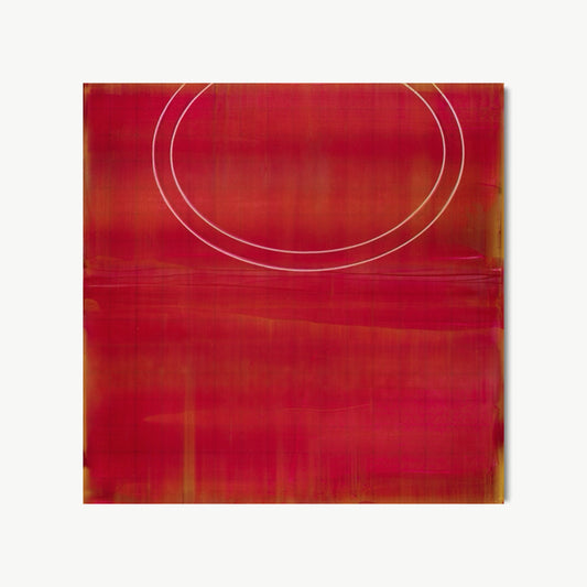 Evolution of a Circle #1 – painting by Koury with large assertive white oval drawn across a richly layered surface of deep crimson and scarlet to burgundy reds