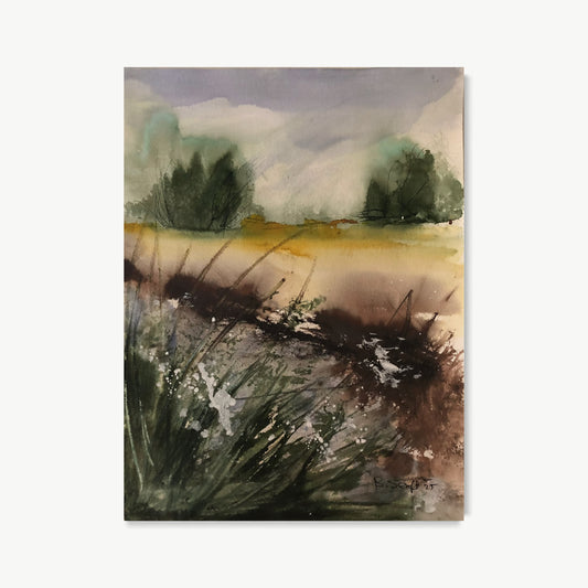 Through the Reeds – watercolor painting by Batia with loose energetic dark reed stems sweeping across foreground with glimpse of green trees and pale sky, wet dark washes bleeding together and white paper holding the light