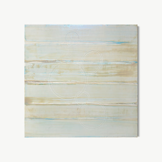 Morning Light – large square painting by Koury in pale cream, warm white, and soft sand with faint horizontal tonal bands and barely-there circle and rectangular forms