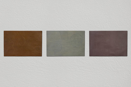 Apparently Trilogy – three small horizontal panels by Terese Garcia in flat warm rust, cool grey-green, and deep reddish brown exploring seriality and colour relationships